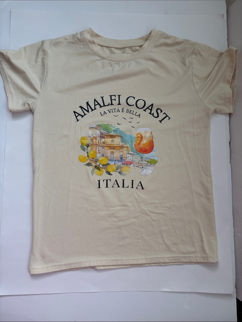 SHEIN Cream Amalfi Coast Italy Graphic Tee Stretchy Medium